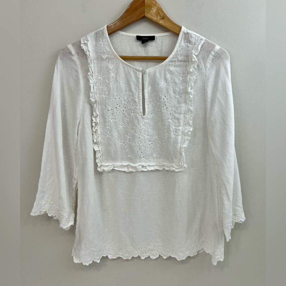 J. Crew Embroidered Linen Top in White Small